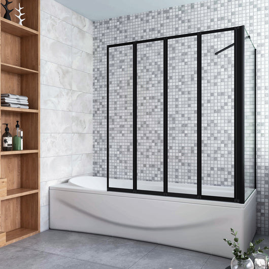 Parete Vasca Doccia 90x70cm Sopravasca Angolare 4 Ante Pieghevoli Vetro Temperato Trasparente da 4 mm con Parete Laterale da 6 mm H.140cm Telai Neri Opachi
