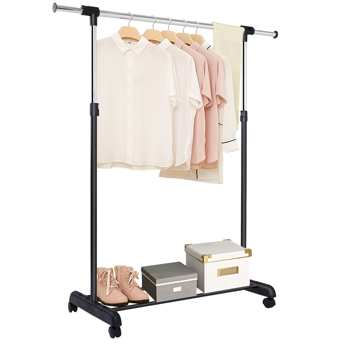 Stand appendiabiti estensibile con ruote, Appendiabiti regolabile in acciaio inox 140x42x170cm-Appendiabiti