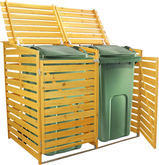 Doppio Copribidone della Spazzatura in Legno Robusto per Contenere 2 Bidoni 240L