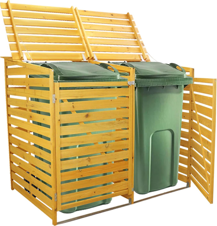 Doppio Copribidone della Spazzatura in Legno Robusto per Contenere 2 Bidoni 240L