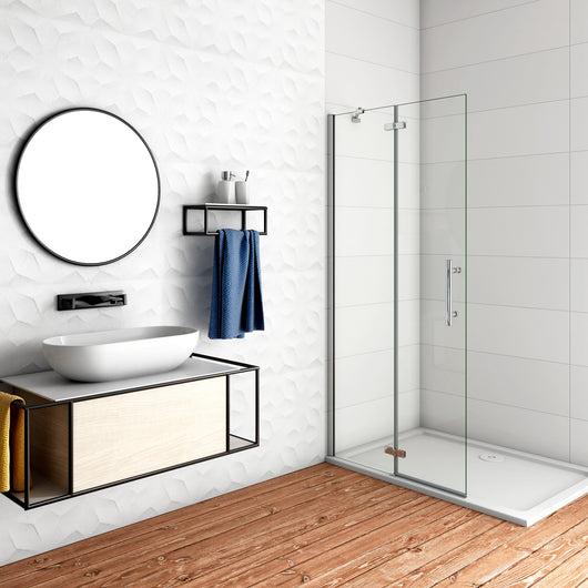 WALK IN Parete Doccia Paretina Fissa + Paretina Movibile 76x195 cm in Vetro 6 mm Trasparente Temperato Anticalcare Barra Stabilizzatrice e Telaio Cromato Lucido
