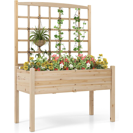 Letto da giardino elevato con traliccio per rampicanti, Scaffale per piante in legno con piedi per rampicanti Naturale-Scaffali per piante