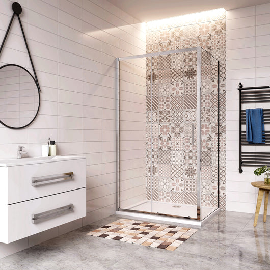 185 cm Box Doccia Angolare Porta Scorrevole con Parete Fissa Vetro Temperato 5 mm Trasparente Telaio Cromato Lucido 100x70 cm