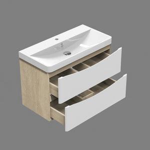 AICA Mobile da bagno, 80x50x39,5 cm, pannello in MDF, colore bianco + rovere, con lavabo bianco, da assemblare per l'uso