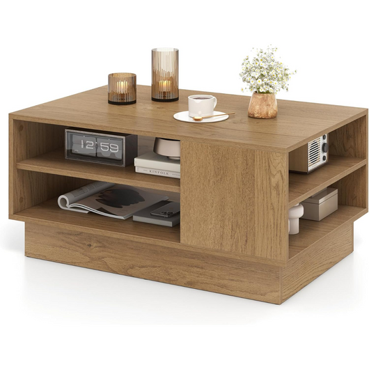 Tavolo centrale rettangolare con 2 ripiani di stoccaggio aperti-Tavolino da caff¨¨ moderno Naturale