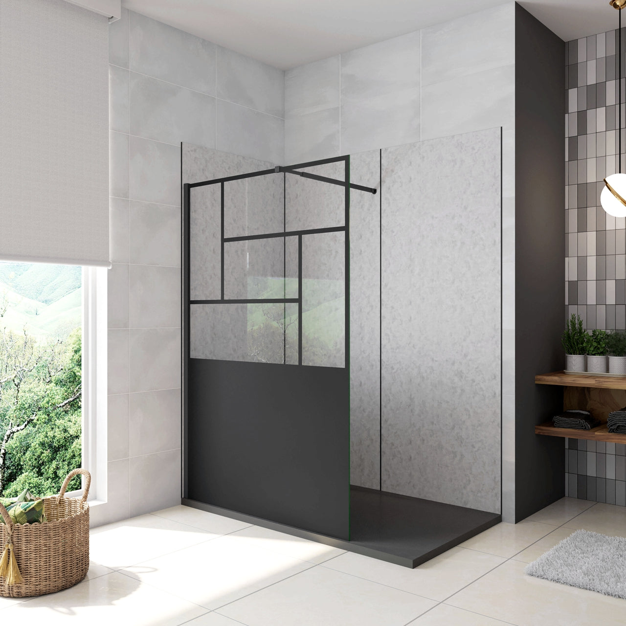 Doccia Walk In Parete Fissa Vetro Temperato 8 mm Anticalcare 100x200cm Semitrasparente Riquadri Nero Serigrafato Barra Stabilizzatrice da 73-120 cm