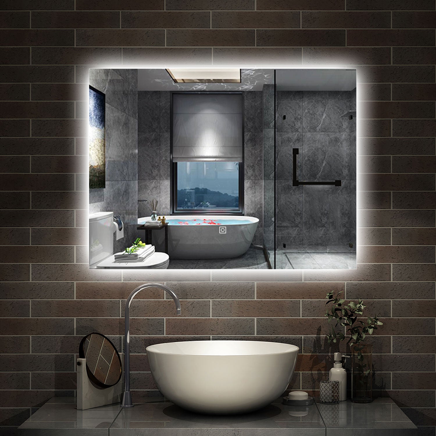 specchio 80 x 60 cm rettangolare con luce led antiappannamento e touch
