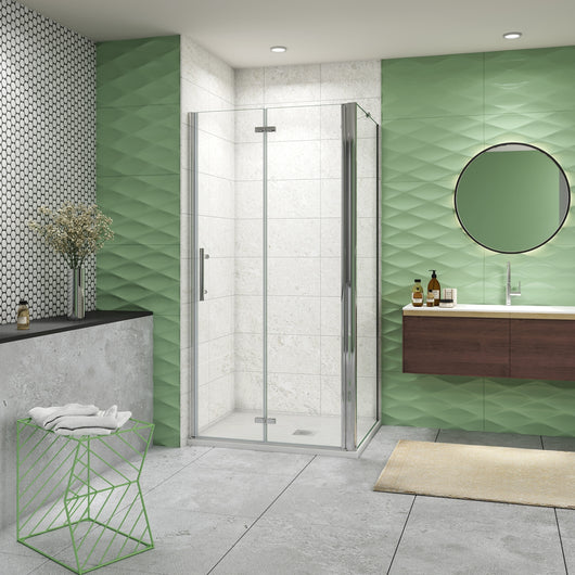 185 cm Box Doccia Angolare Porta Battente Pieghevole 90 cm Parete Fissa 90 cm Vetro da 6 mm Temperato Anticalcare Barra Stabilizzatrice 45 cm Cromo Lucido