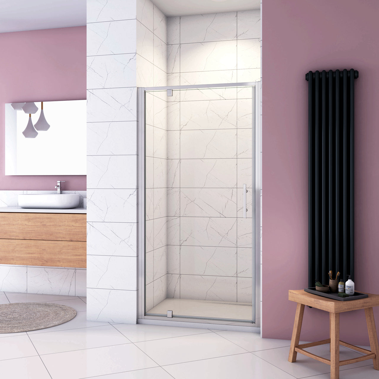 185 cm Box Doccia per Nicchia Porta Girevole Battente Vetro Temperato 5 mm Trasparente  Profili Cromati Lucidi Misura 76 cm