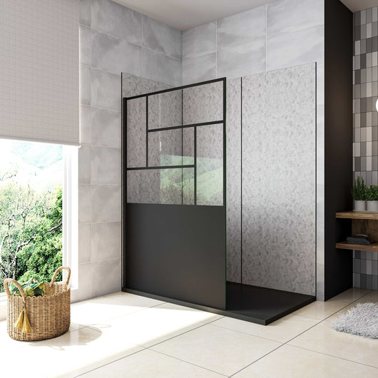 Doccia Walk In Parete Fissa Vetro Temperato 8 mm Anticalcare 120x200cm Semitrasparente Riquadri Nero Serigrafato