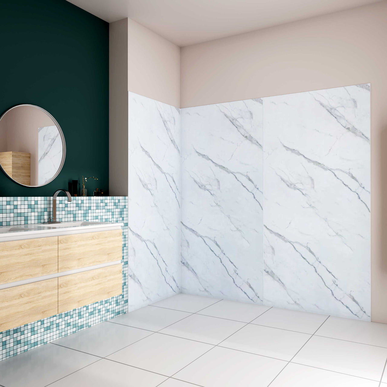 H.210 cm Pannello Doccia ad Angolo 40x40x40 cm Realizzato in Alluminio da 3 mm con Profili Finitura Bianco Alba per Rivestimento Parete Bagno