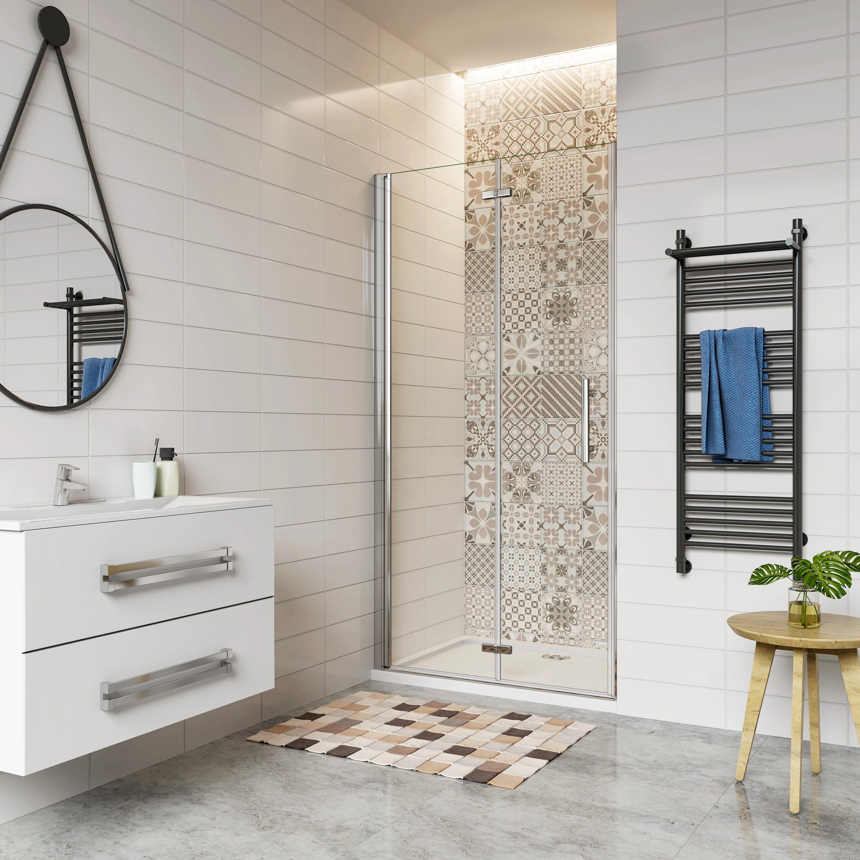 110x195 cm Porta Doccia Per Nicchia Battente e Pieghevole a Libro In Vetro Temperato Trasparente Anticalcare Da 6 mm