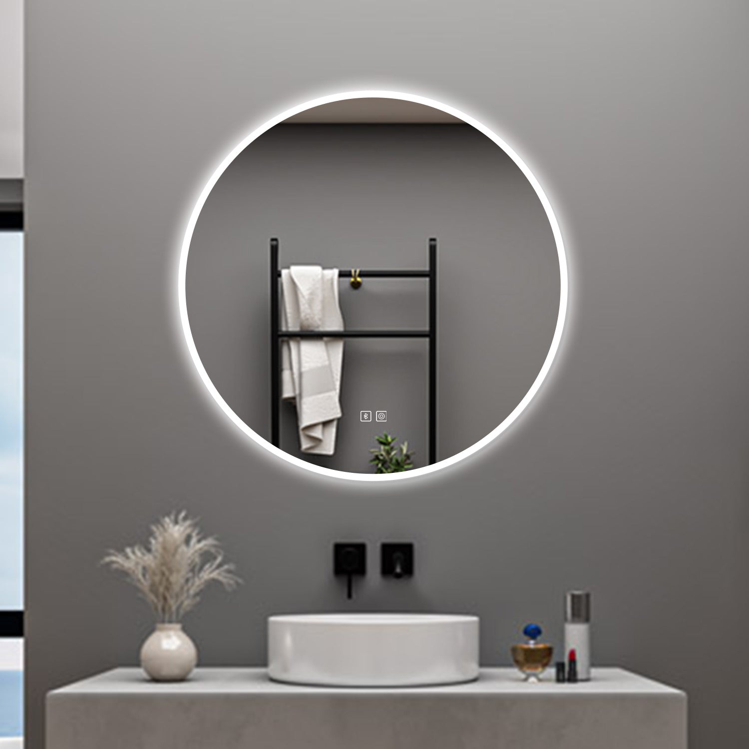 AICA Specchio da bagno 80 x 80 cm, blue tooth, 3 colori, antiappannamento, dimmerabile, interruttore touch, Funzione Memoria