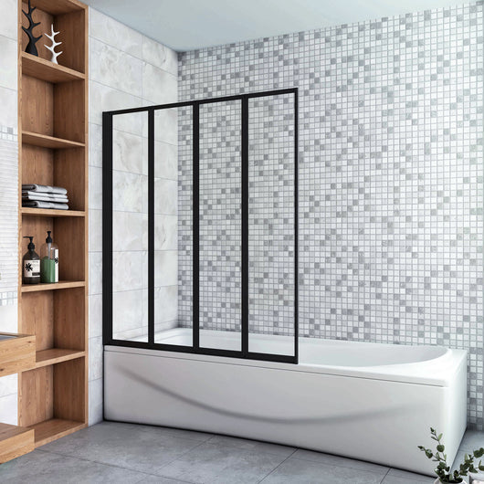 Sopravasca 90x140 cm Parete Doccia per Vasca 4 Antine Pieghevoli a Libro Vetro Temperato Trasparente Da 4 mm Profilo Nero Opaco
