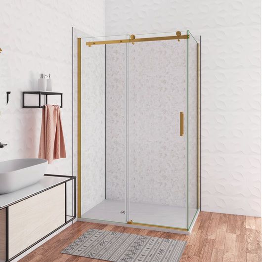 Box Doccia Angolare 100X70 cm H.195 cm Porta Scorrevole con Parete Fissa Vetro 8 mm Temperato Anticalcare Trasparente Telaio Cromo Dorato