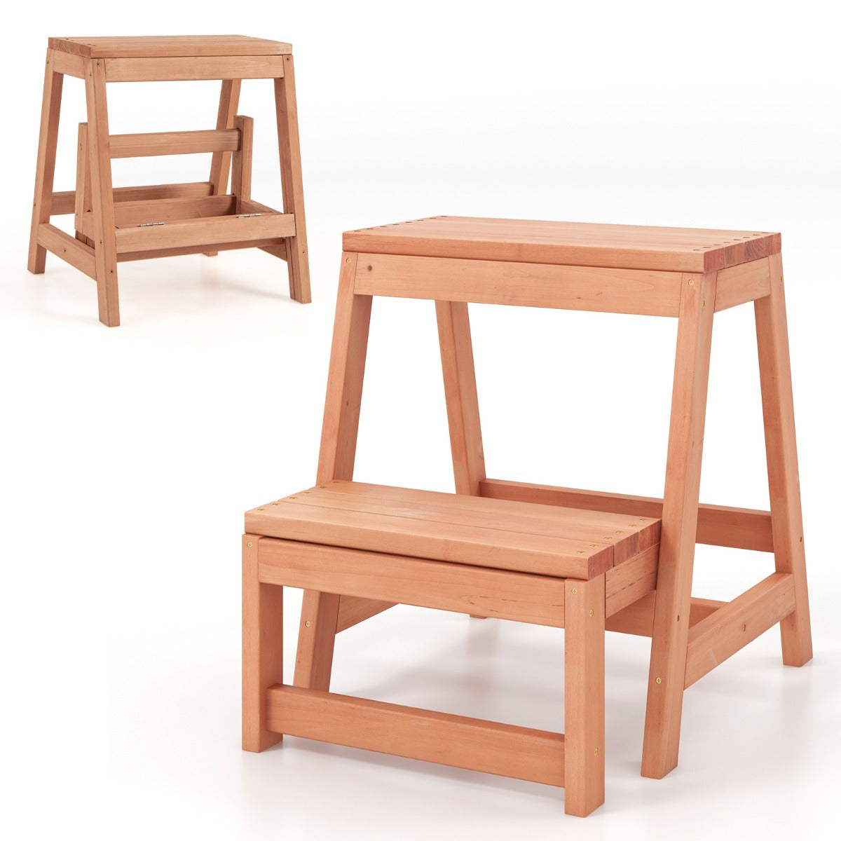 Sgabello pieghevole in legno a 2 scalini portatile, Scala multipurpose leggero per bambini per cucina Naturale-Sgabelli