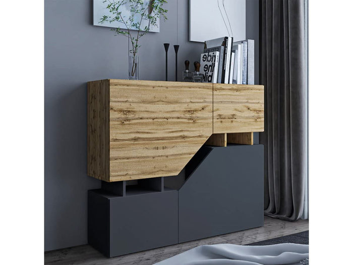 Credenza Alta 120x35x100cm Grigio e Marrone Moderno Push-to-Open Habitat et Jardin