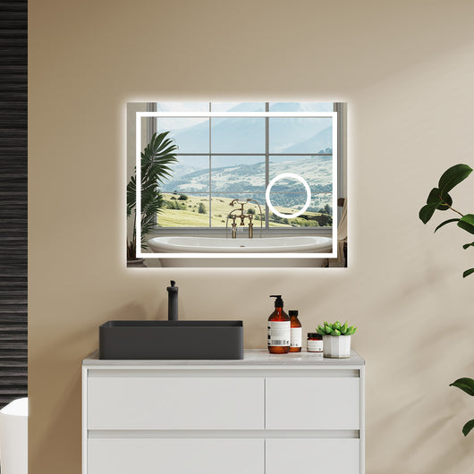 Aica 80x60cm Specchio da bagno Bluetooth antiappannamento, 3 colori dimmerabili, lente d'ingrandimento 3X