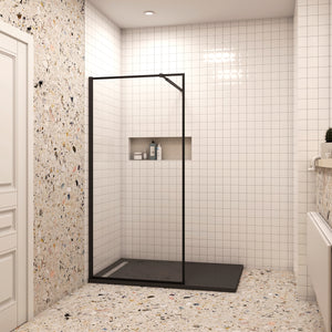 80x200cm Walk In Parete Per Doccia in Vetro Temperato 8mm Anticalcare con Bordo Nero Serigrafato Barra Stabilizzatrice da 73-120 cm