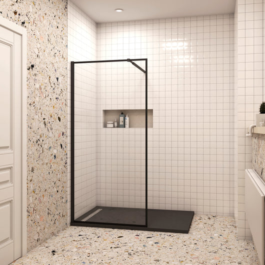 80x200cm Walk In Parete Per Doccia in Vetro Temperato 8mm Anticalcare con Bordo Nero Serigrafato Barra Stabilizzatrice da 73-120 cm