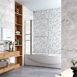 120x140 cm Parete Doccia Per Vasca Girevole 240° Vetro Temperato 6 mm Trasparente Inclusi Due Ripiani Maniglia Portasciugamani Telaio Cromo Lucido