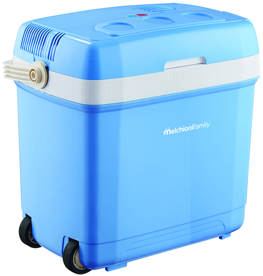 Melchioni Family Frigo Portatile Elettrico Modello CONSERVO30 con Capacità 27 litri, Interruttore Caldo-Freddo e Cavi Inclusi, con Ruote e Doppia Maniglia, Classe F, Colore Azzurro