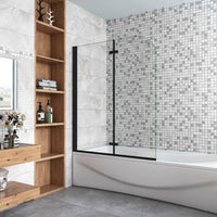 Sopravasca da Bagno Parete Vasca Doccia 100x140 cm Due Ante Movibili Vetro Temperato Trasparente 6 mm Anticalcare Telaio Nero Opaco