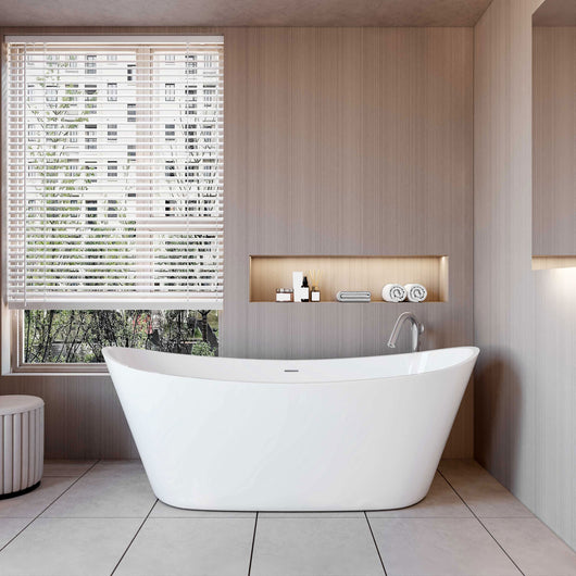 Vasca da Bagno a Isola Freestanding in Acrilico da 170x72x65 cm, Colore Bianco, Forma di Barca Ovale