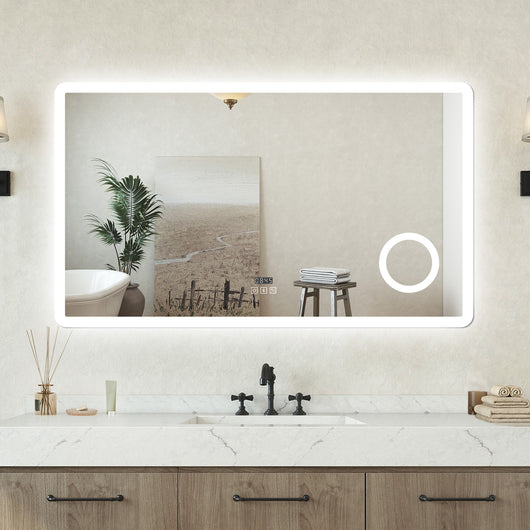 Specchio luminoso Orologio + lente d'ingrandimento + bluetooth + luce tricolore + anti-appannamento 120x70cm bagno regolabile, memoria, touch, LED