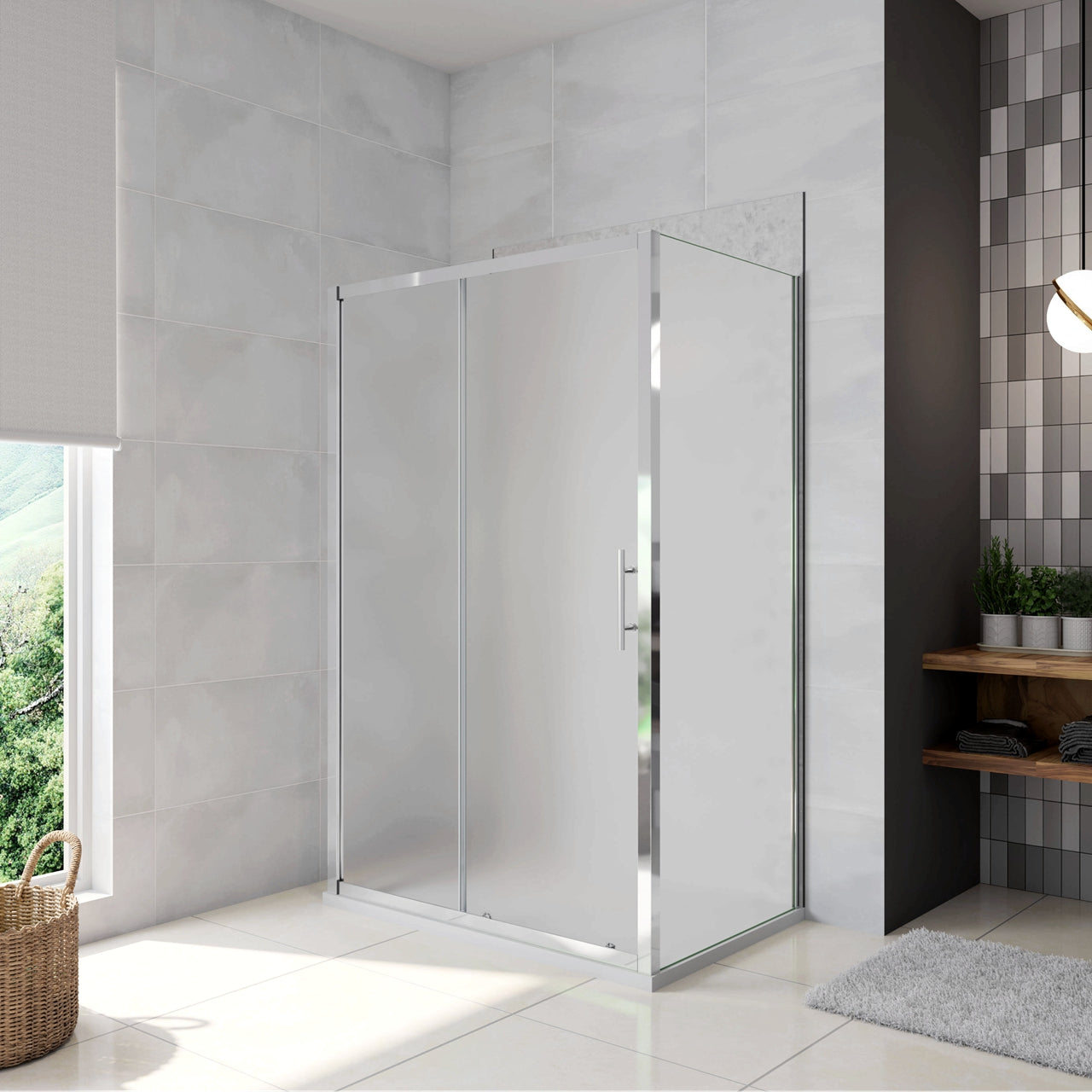 H.185 cm Box Doccia a Tre Lati Porta Scorrevole con 2 Parete Fissa Vetro Temperato 5 mm Satinato Opaco 110x80x80 cm