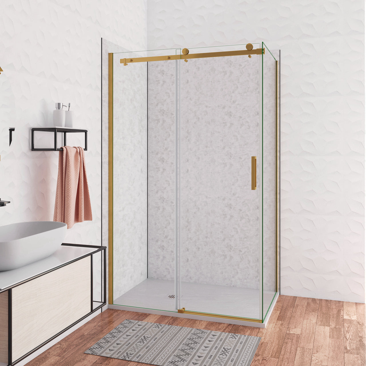 Box Doccia Angolare 100X90 cm H.195 cm Porta Scorrevole con Parete Fissa Vetro 8 mm Temperato Anticalcare Trasparente Telaio Cromo Dorato