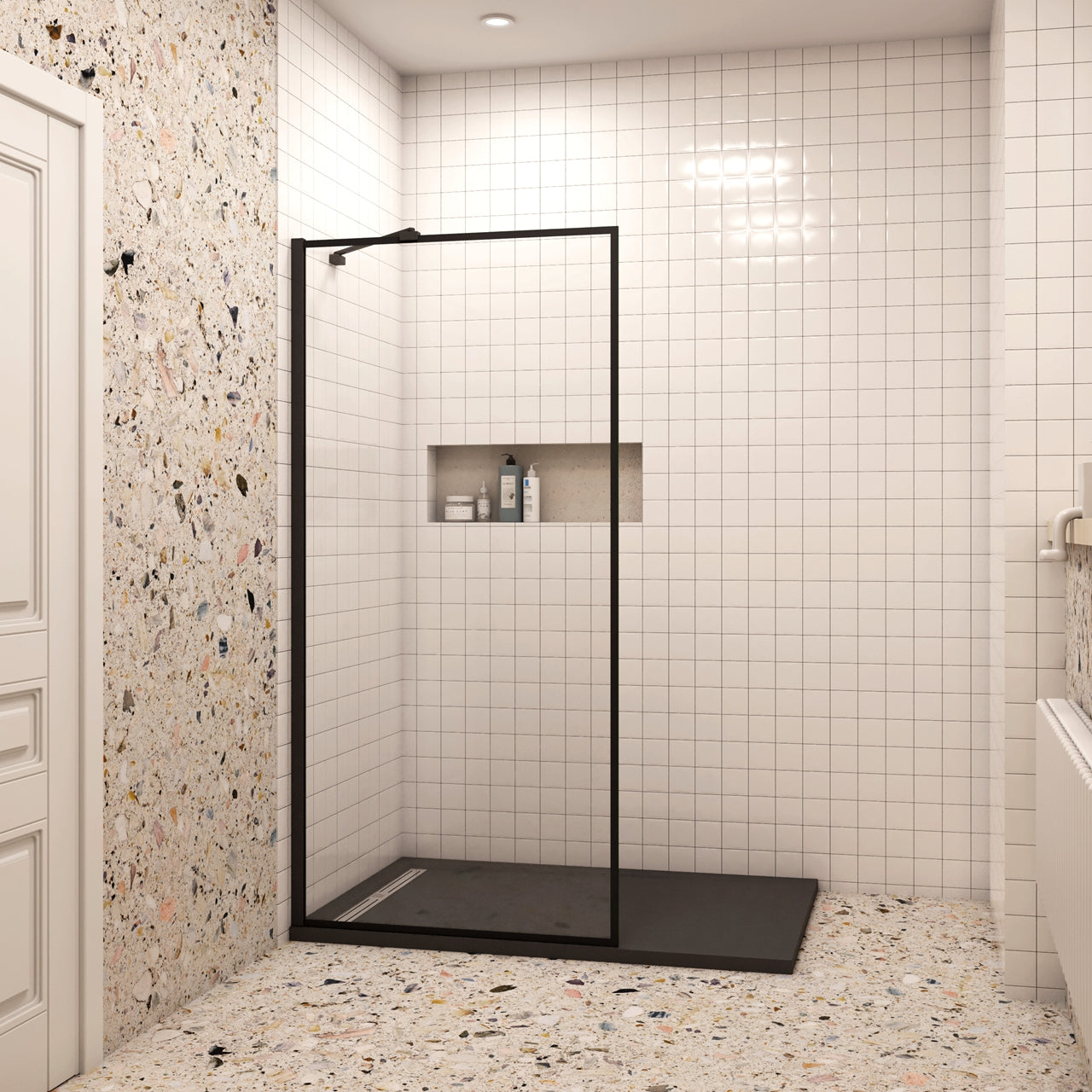 90x200cm Walk In Parete Per Doccia in Vetro Temperato 8mm Anticalcare con Bordo Nero Serigrafato Barra Stabilizzatrice da 45 cm