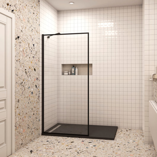 90x200cm Walk In Parete Per Doccia in Vetro Temperato 8mm Anticalcare con Bordo Nero Serigrafato Barra Stabilizzatrice da 45 cm