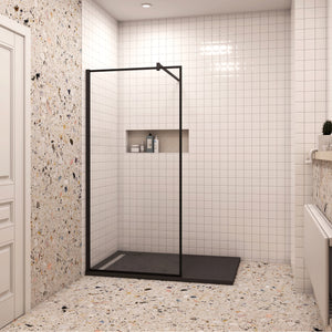 100x200cm Walk In Parete Per Doccia in Vetro Temperato 8mm Anticalcare con Bordo Nero Serigrafato Barra Stabilizzatrice da 140 cm