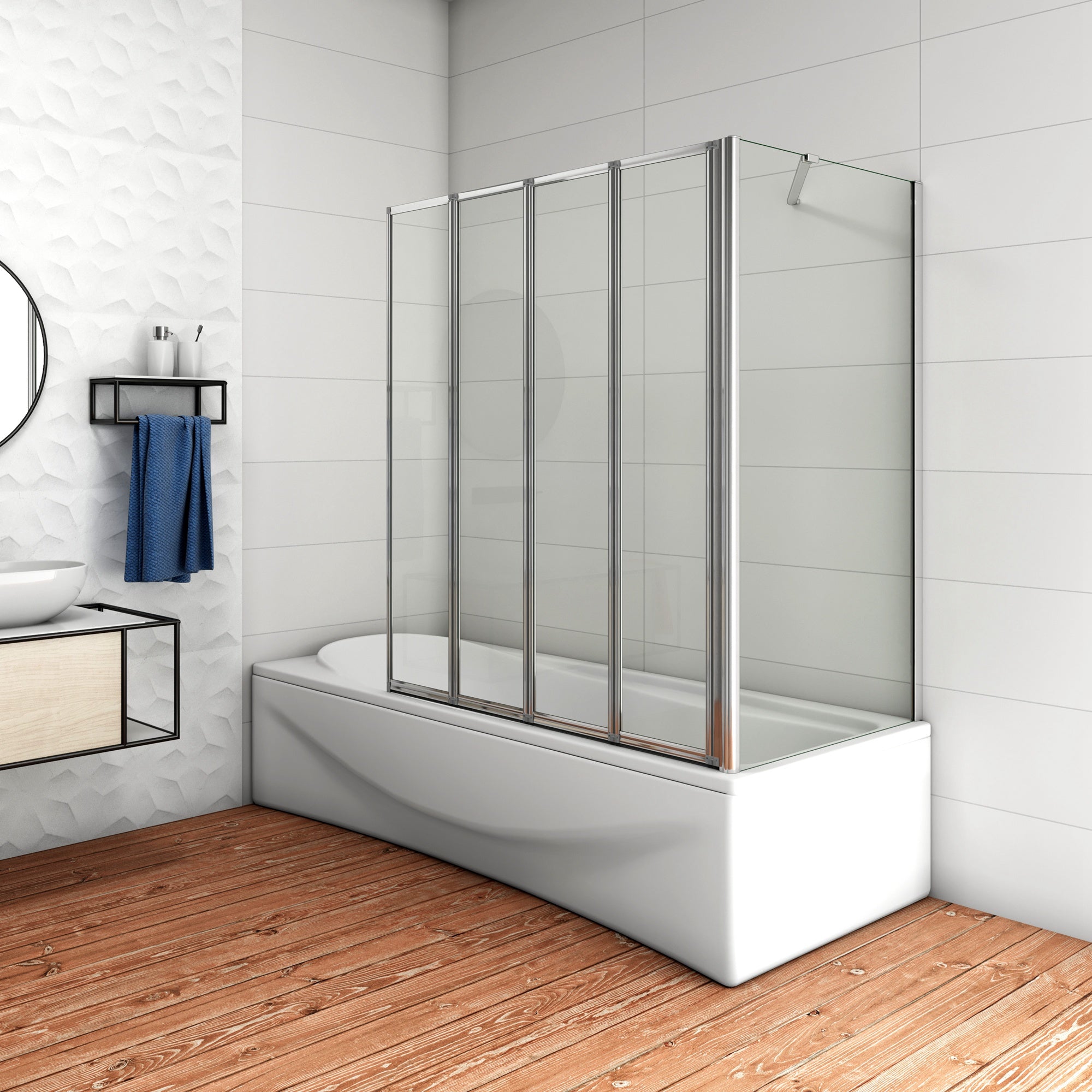 100x140cm Parete Doccia Sopravasca Angolare 4 Ante Pieghevoli Vetro 4 mm con Parete Laterale 60cm Vetro Temperato 6 mm Trasparente Telai Cromi Lucidi