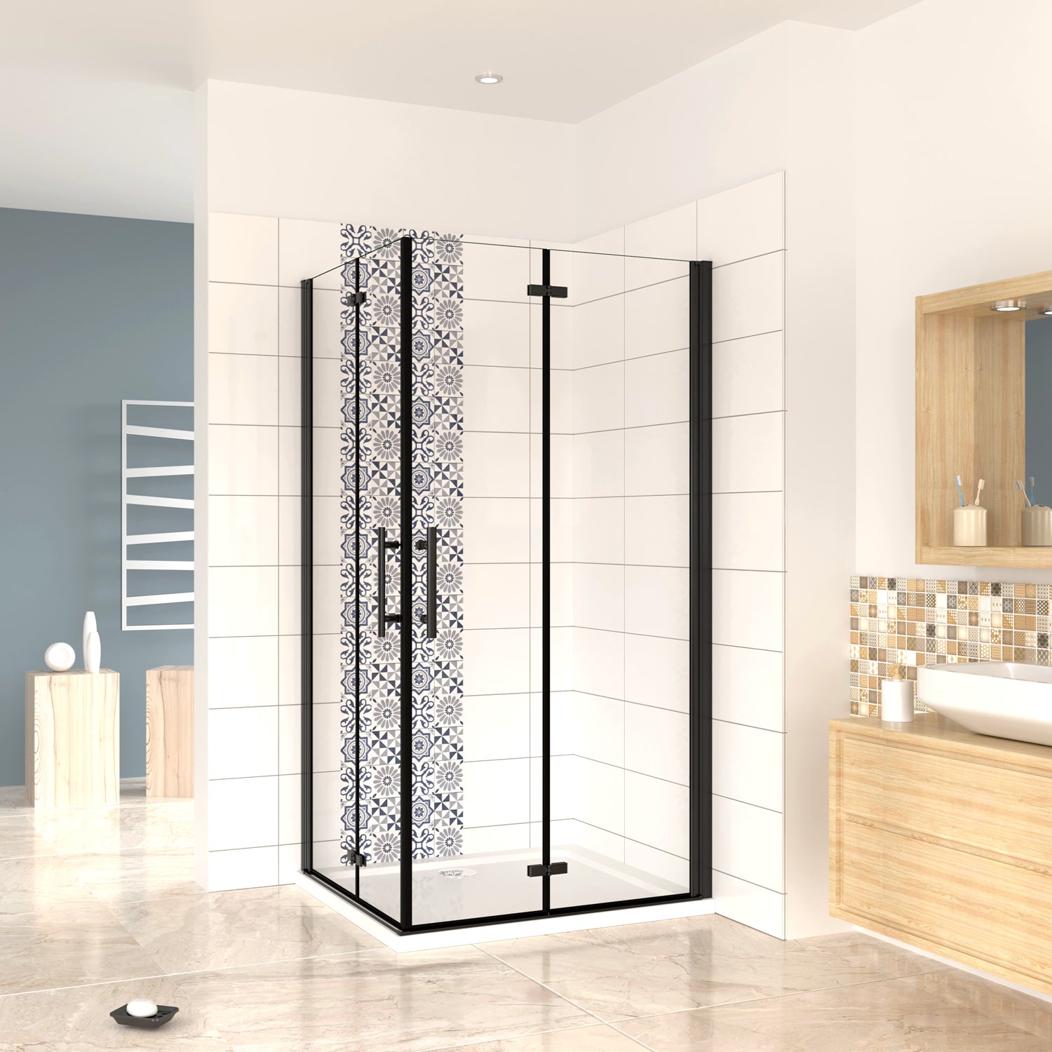 190 cm Box Doccia Angolare Doppia Porta Battente Pieghevole 70x110 cm in Vetro Temperato Trasparente 5 mm Anticalcare Telaio Nero Opaco