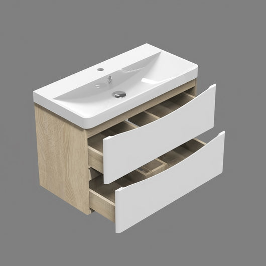 AICA Mobile da bagno 80x50x39,5 cm, pannelli in MDF bianchi e color rovere, con lavabo bianco, montato e pronto all'uso
