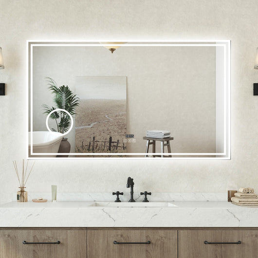 Specchio Luminoso da Bagno 120x70cm con Bluetooth, 3 Luci LED, Regolabile, Lente d'Ingrandimento, Orologio, Anti-Appannamento e Memoria