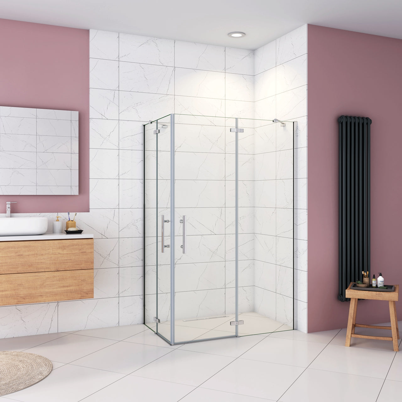 90x90x195 cm Box Doccia Ad Angolo Doppie Porte Apertura Battente in Vetro 6 mm Temperato Anticalcare Trasparente con 2 Barre Stabilizzatrici Cromo Lucido