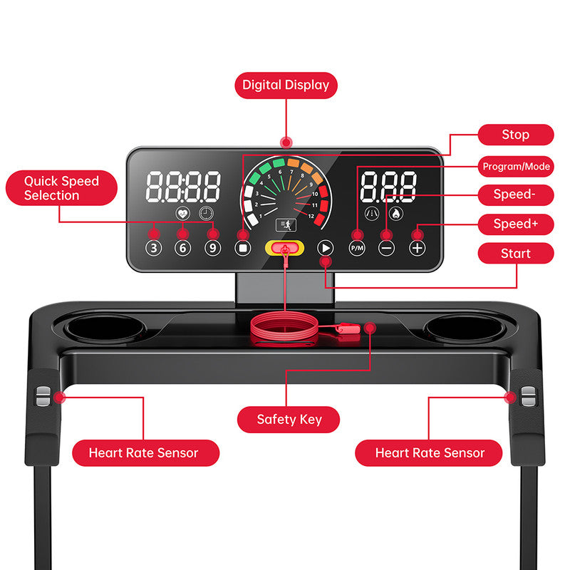 TAPIS ROULANT ELETTRICO COMPATTO PIEGHEVOLE PER LA CASA CON DISPLAY LED E DUE PORTABICCHIERI