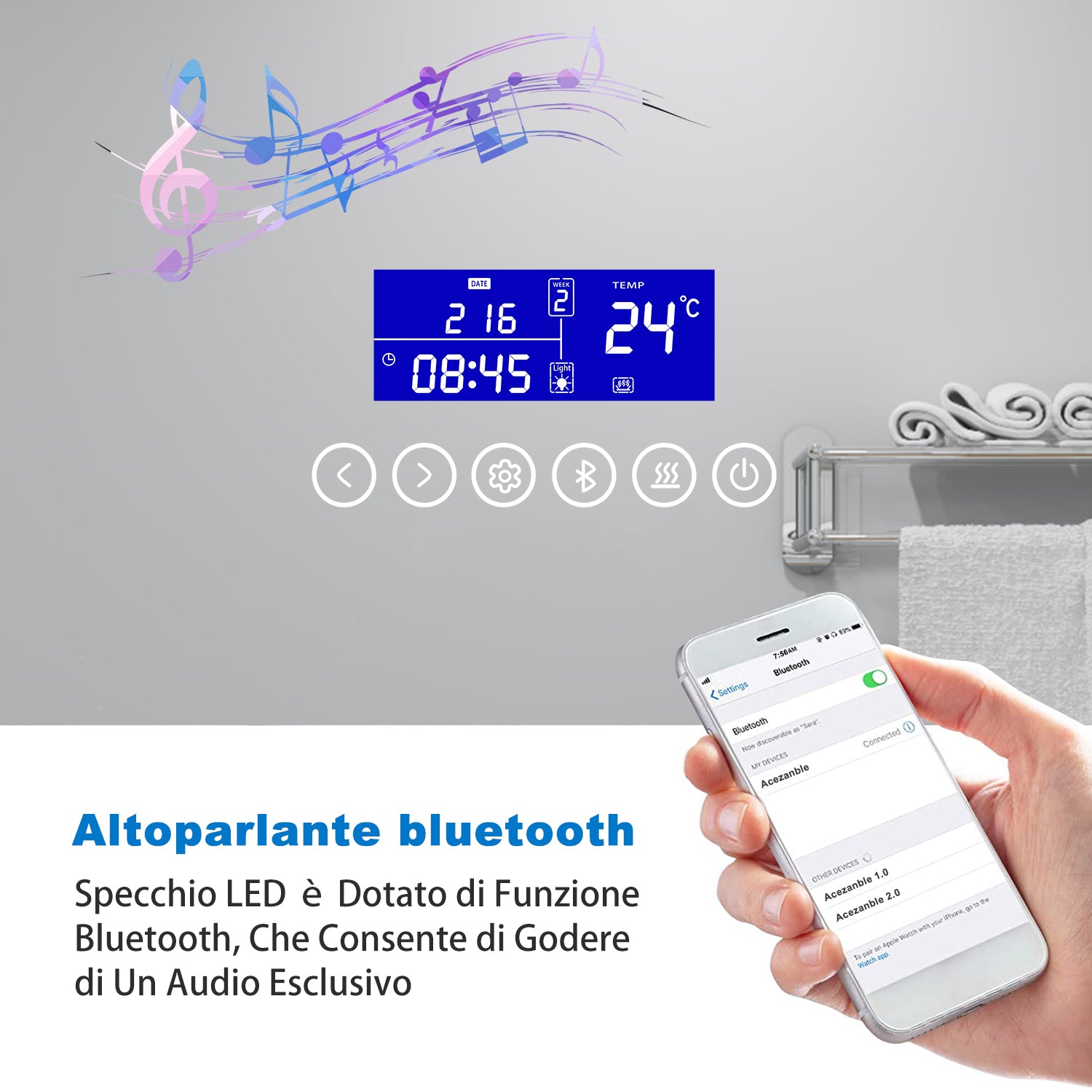 Aica Specchio da bagno bluetooth 120x70cm con antiappannamento + dimmerabile + 3 colori + ingrandimento 3X