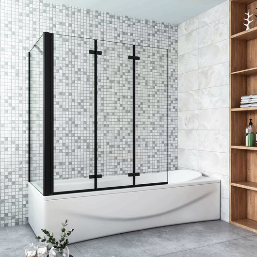 Parete Doccia Per Vasca con Lato Fisso 130x70 cm H.140 cm 3 Ante Movibili Pieghevoli a Libro in Vetro Temperato 6 mm Trasparente Anticalcare Telaio Nero Opaco