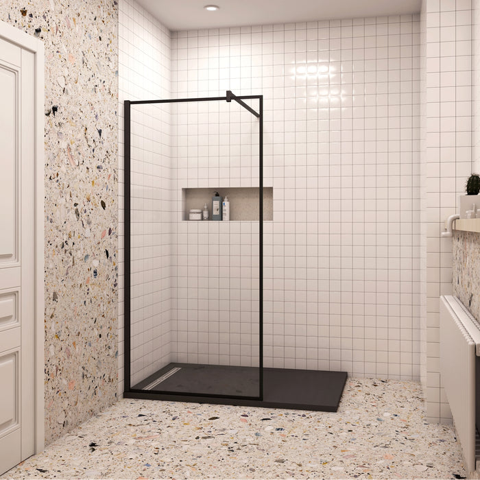 100x200cm Walk In Parete Per Doccia in Vetro Temperato 8mm Anticalcare con Bordo Nero Serigrafato Barra Stabilizzatrice da 90 cm