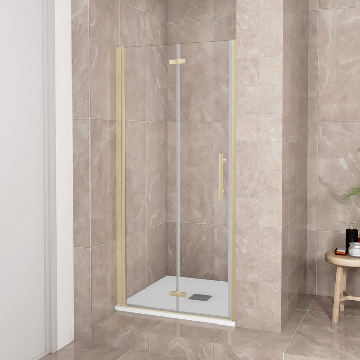 Porta Doccia 80x185 cm Porta Battente Pieghevole in Vetro Temperato Trasparente 6 mm Anticalcare Telaio Dorato Spazzolato