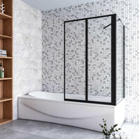 Parete Vasca Doccia 90x70cm Sopravasca Angolare 2 Ante Pieghevoli Vetro Temperato Trasparente da 4 mm con Parete Laterale da 6 mm H.140cm Telai Neri Opachi