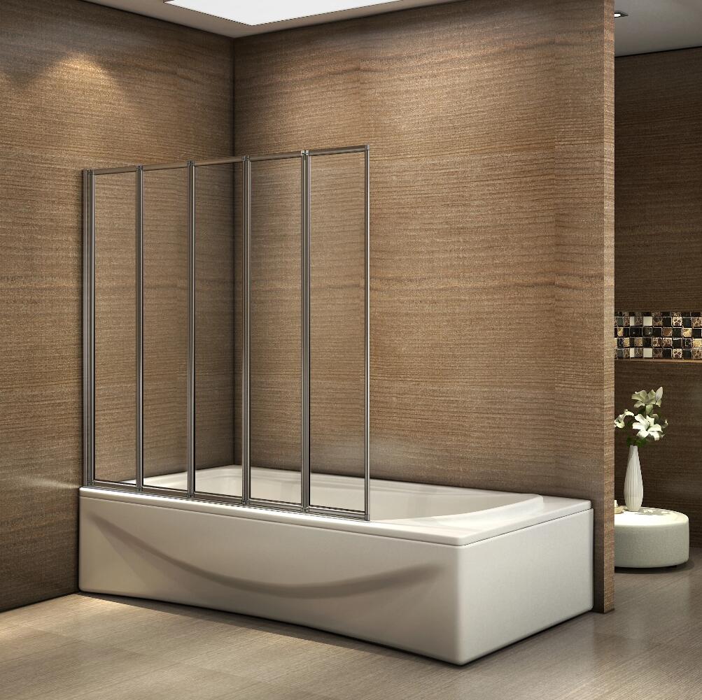 120x140 cm Sopravasca Parete Per Vasca 5 Antine Pieghevoli a Libro Vetro Temperato Trasparente Da 4 mm Telai Cromati Lucidi