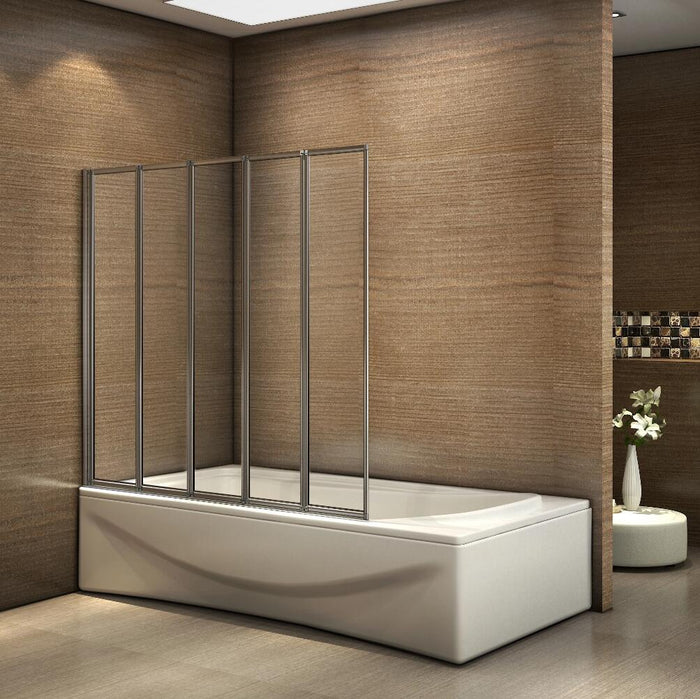 120x140 cm Sopravasca Parete Per Vasca 5 Antine Pieghevoli a Libro Vetro Temperato Trasparente Da 4 mm Telai Cromati Lucidi