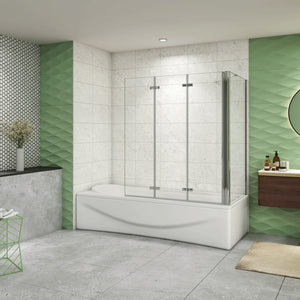 H.140 cm Parete Doccia Per Vasca con Lato Fisso 130x80 cm 3 Ante Movibili Pieghevoli a Libro in Vetro Temperato 6 mm Trasparente Anticalcare Telaio Cromo Lucido