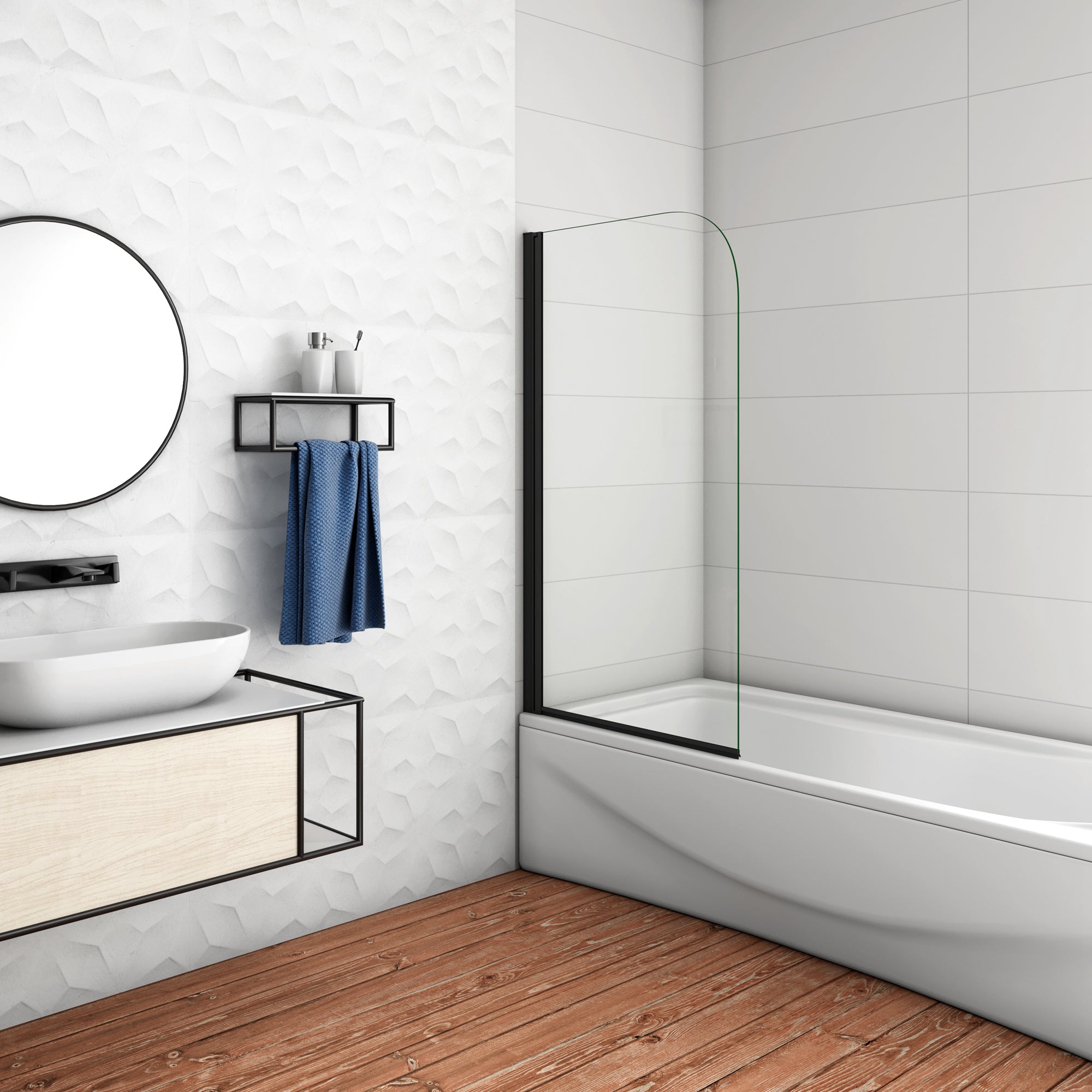 80x140cm Parete Vasca Doccia Sopravasca Singolo Pannello Stondato/Curvo Girevole in Vetro Temperato 5 mm Trasparente Telaio Nero Opaco