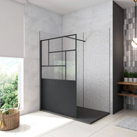 Doccia Walk In Parete Fissa Vetro Temperato 8 mm Anticalcare 100x200cm Semitrasparente Riquadri Nero Serigrafato Barra Stabilizzatrice da 90 cm